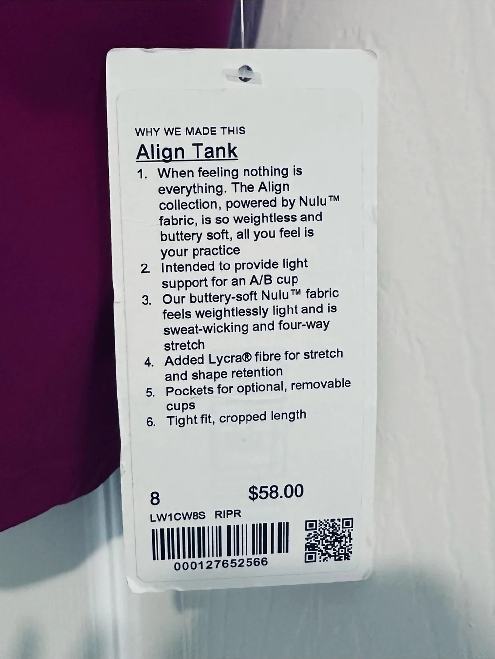 Lululemon Align Tank Top A/B Cup Ripened Raspberry Size 8-NWT